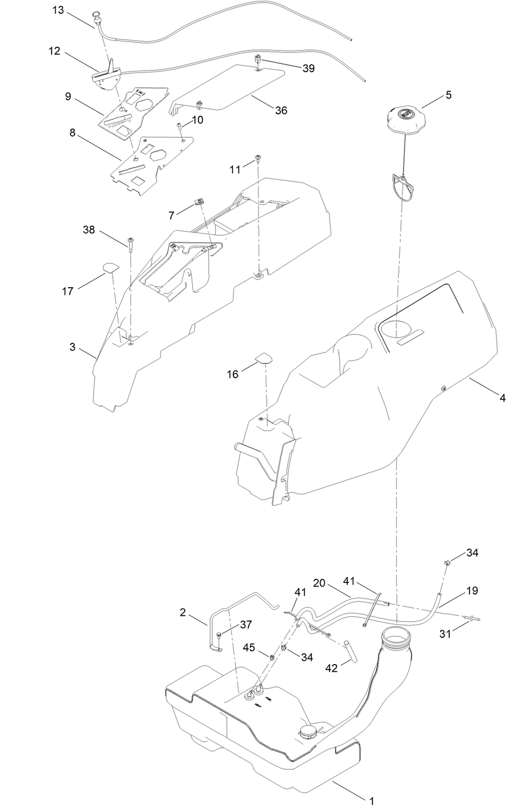 Body Styling And Fuel Pod Assembly Diagram and Parts List for 75313 410000000 - 412325116 Toro Lawn Tractor
