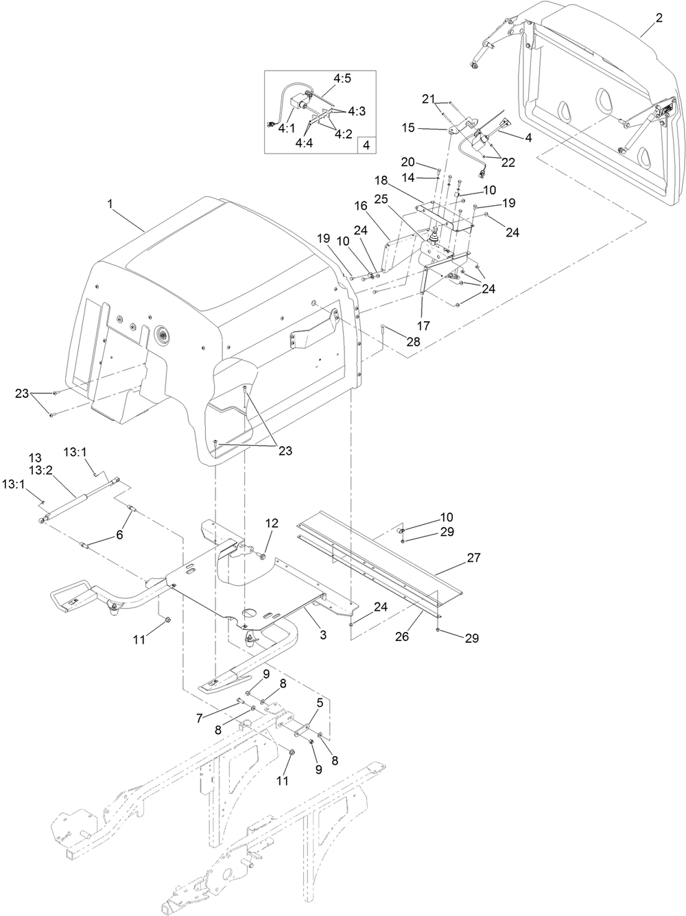 Hopper Mounting Assembly Diagram and Parts List for 74313 402090000-403319680 Toro Lawn Tractor