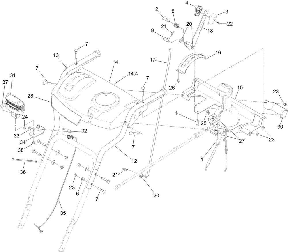 Handle Assembly Diagram and Parts List for 38819 409000000 - 411499999 Toro Snow Blower