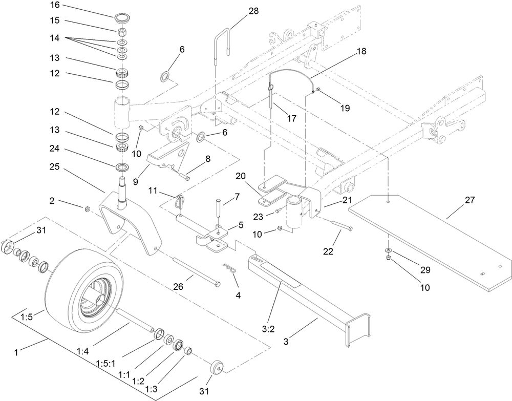 Fork, Caster Wheel And Z Stand Assembly Diagram and Parts List for 72264TE 406427909-406429999 Toro Lawn Mower