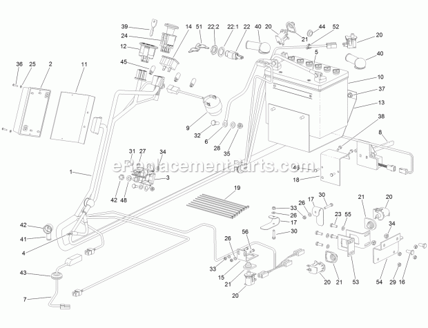 Battery And Electrical Assembly Diagram and Parts List for 74596 316000001-316999999 Toro Lawn Mower