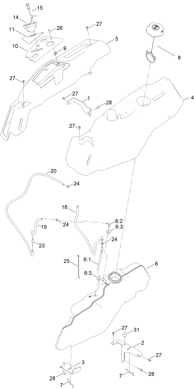 Body Styling And Fuel Pod Assembly Diagram and Parts List for 75747W 400000000 - 409999999 Toro Lawn Tractor