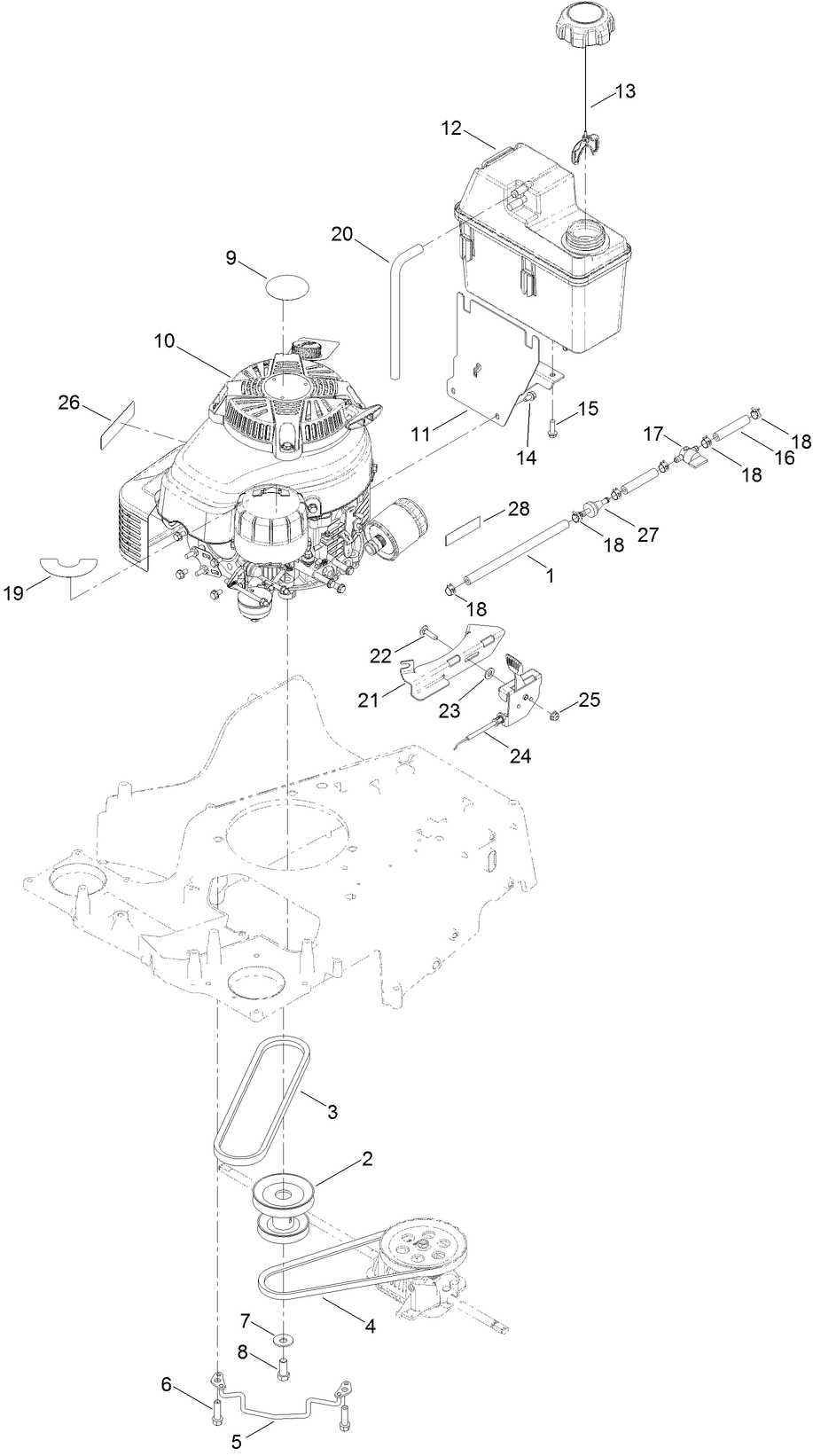 Engine And Fuel Tank Assembly Diagram and Parts List for 22200 (314000001-314999999)(2014) Toro Lawn Mower
