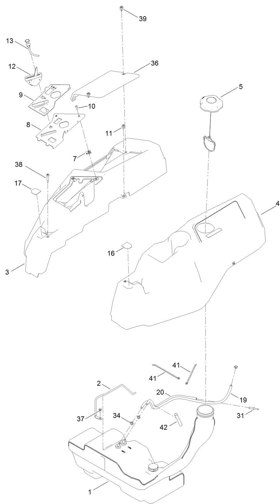 Body Styling And Fuel Tank Assembly Diagram and Parts List for 74887 409378061 - 411455765 Toro Lawn Tractor