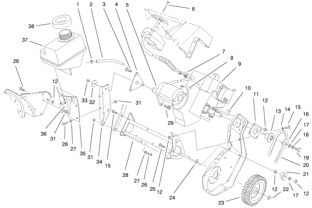 Engine & Gas Tank Assembly Diagram and Parts List for 38405 99000001 - 99999999 Toro Snow Blower
