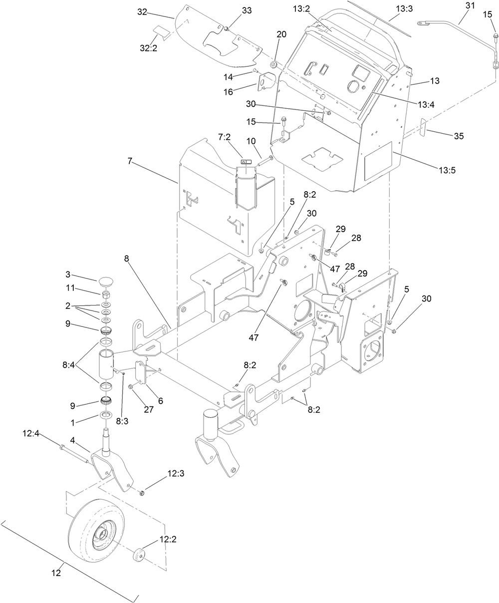 Main Frame Assembly Diagram and Parts List for 74536 405600000-999999999 Toro Lawn Mower
