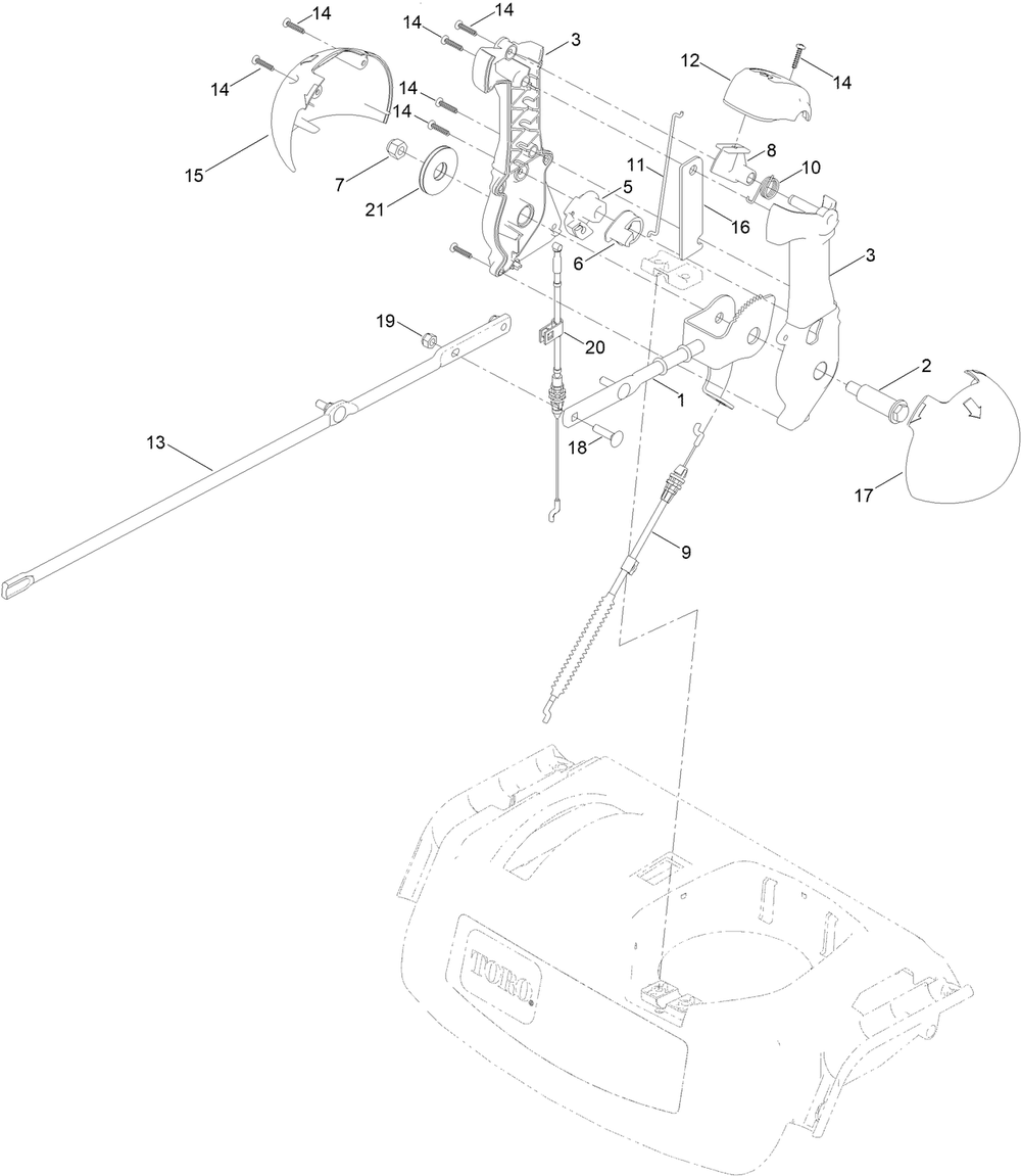 Chute Control Assembly Diagram and Parts List for 38870 409000000 - 999999999 Toro Snow Blower