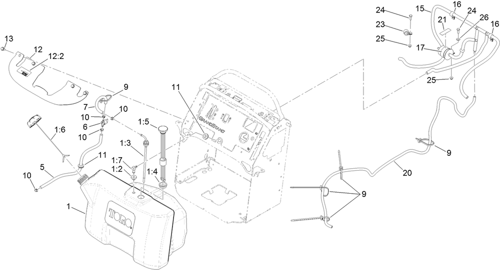 Fuel Tank Assembly Diagram and Parts List for 74568TE (315000001-315999999)(2015) Toro Lawn Mower