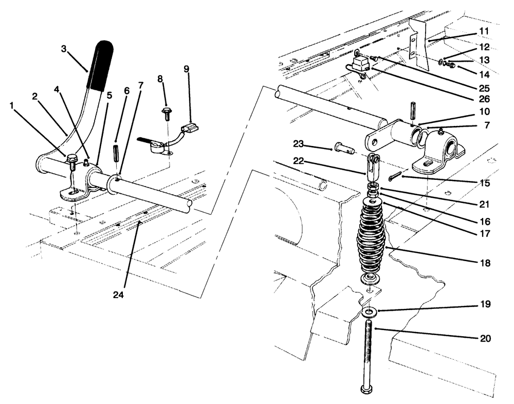 Power Take-Off Lever Assembly Diagram and Parts List for 30620 690001 - 699999 Toro Lawn Tractor