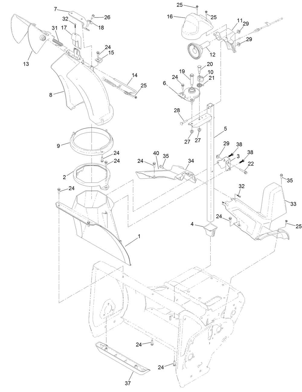 Chute Assembly Diagram and Parts List for 38721 409000000 - 411499999 Toro Snow Blower
