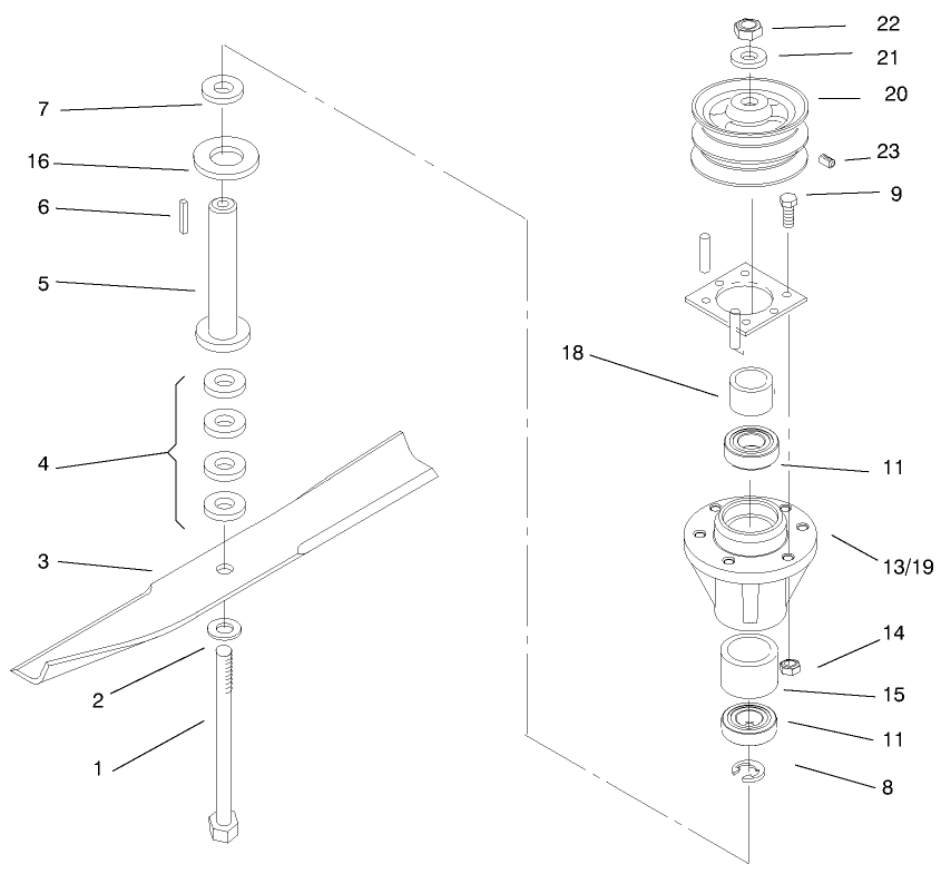Center Spindles And Blade Diagram and Parts List for 30197 990001 - 999999 Toro Lawn Mower