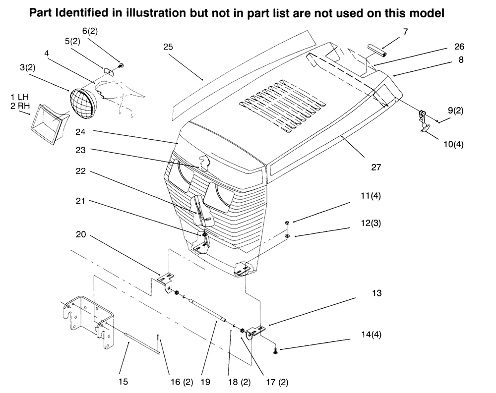 Hood And Grille Diagram and Parts List for 73402 6900001 - 6999999 Toro Lawn Tractor