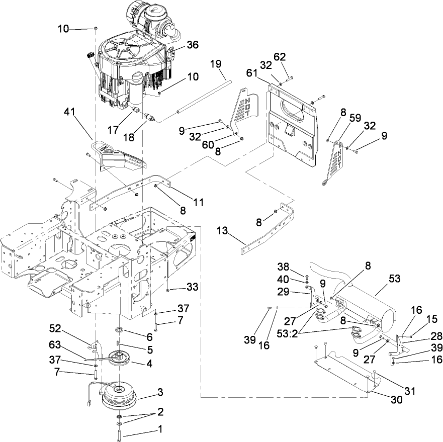 Engine, Clutch And Muffler Assembly Diagram and Parts List for 74448 (280000001-280999999)(2008) Toro Lawn Mower