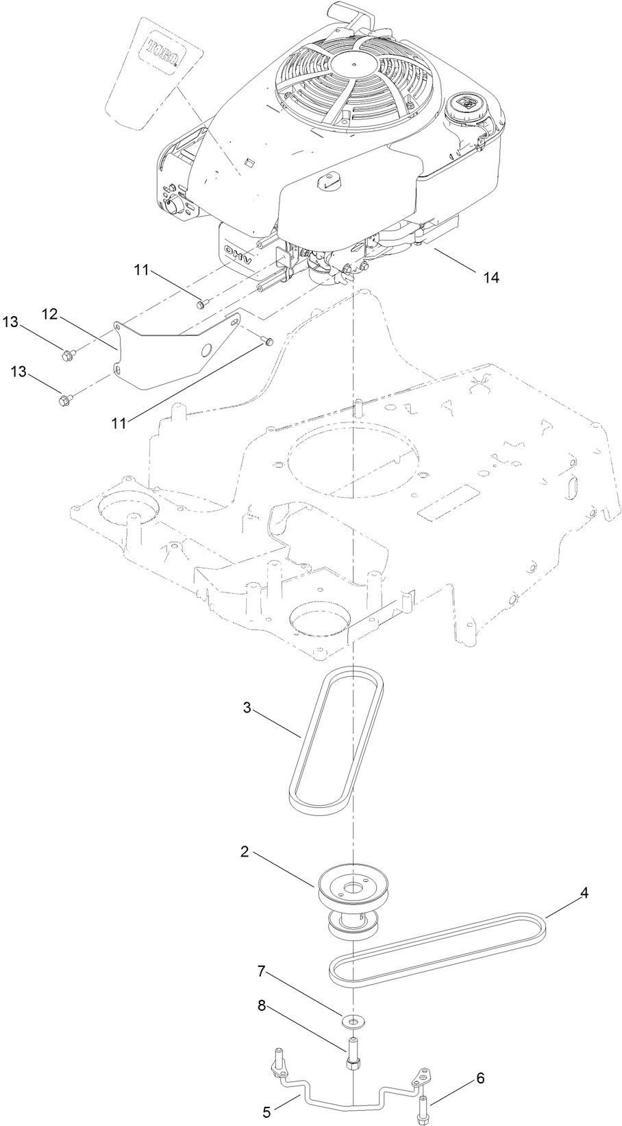 Engine And Belt Assembly Diagram and Parts List for 21199 407700000 - 410243166 Toro Lawn Mower