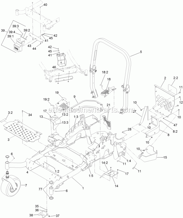Frame And Caster Assembly Diagram and Parts List for 74942TE 314000001-314999999 Toro Lawn Mower