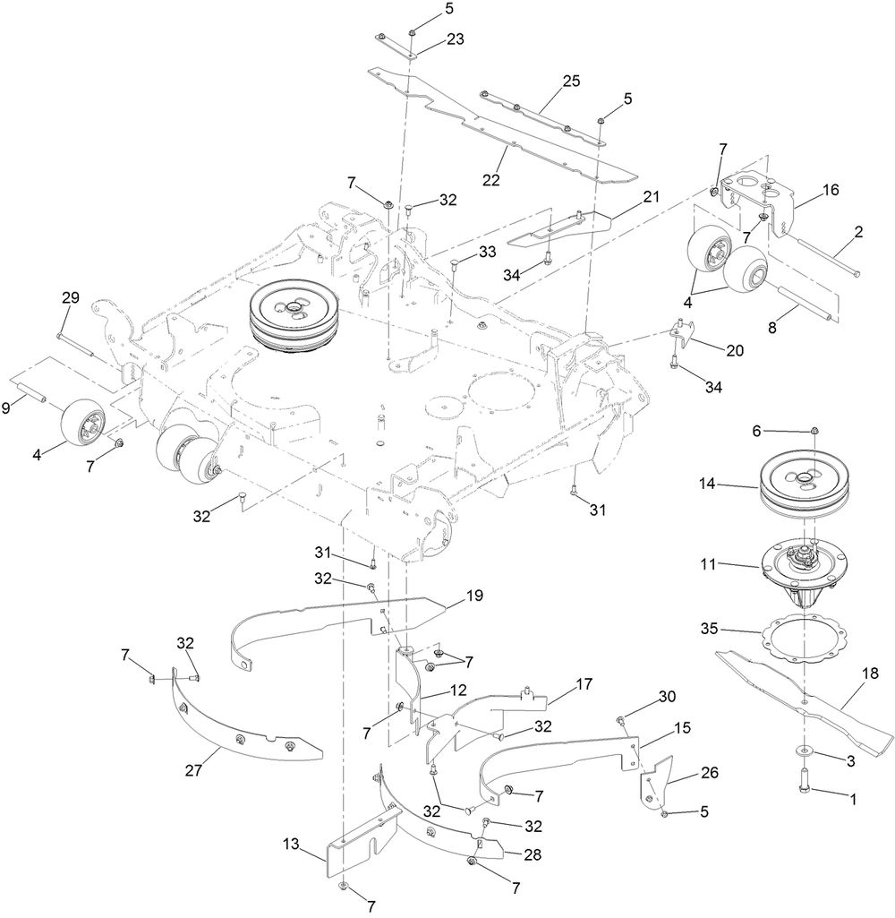 Center Deck Spindle, Blade And Baffle Assembly Diagram and Parts List for 74096 403247447-999999999 Toro Lawn Tractor
