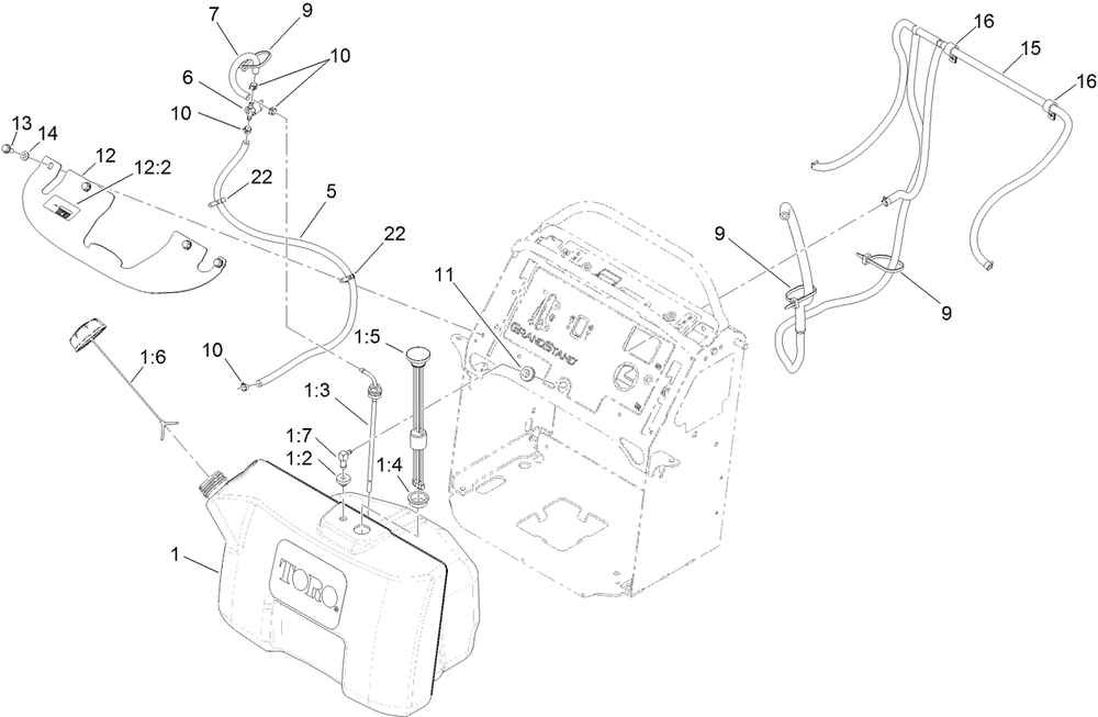 Fuel Tank Assembly Diagram and Parts List for 74583 (312000001-312999999)(2012) Toro Lawn Mower