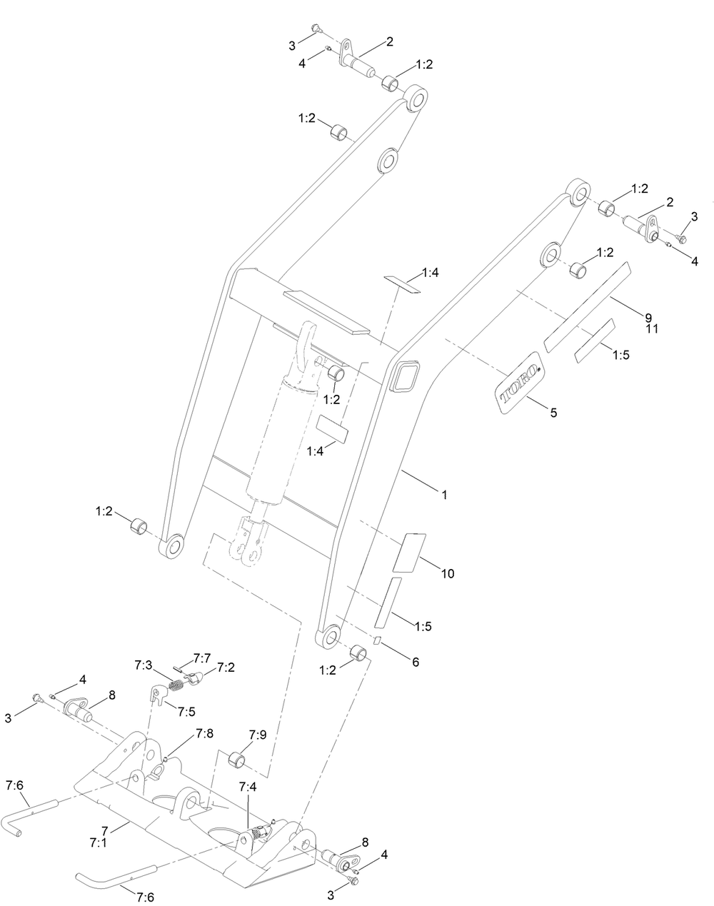 Loader And Quick Attach Assembly Diagram and Parts List for 22218 407600000 - 411799999 Toro Lawn Tractor Accessories