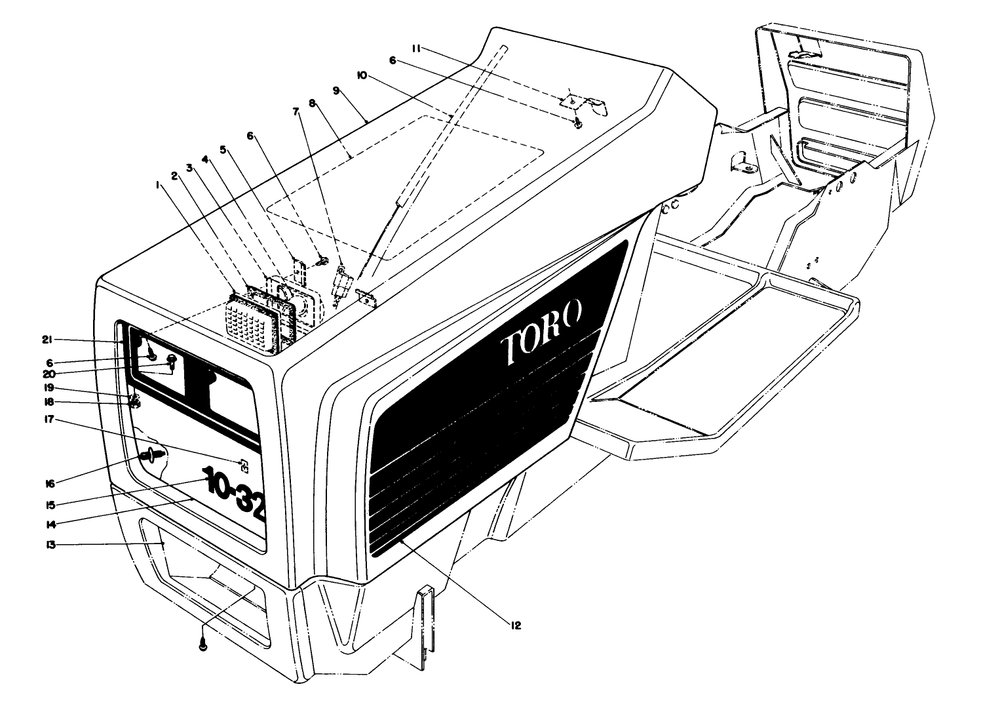 Hood Assembly Diagram and Parts List for 57351 7000001 - 7999999 Toro Lawn Tractor