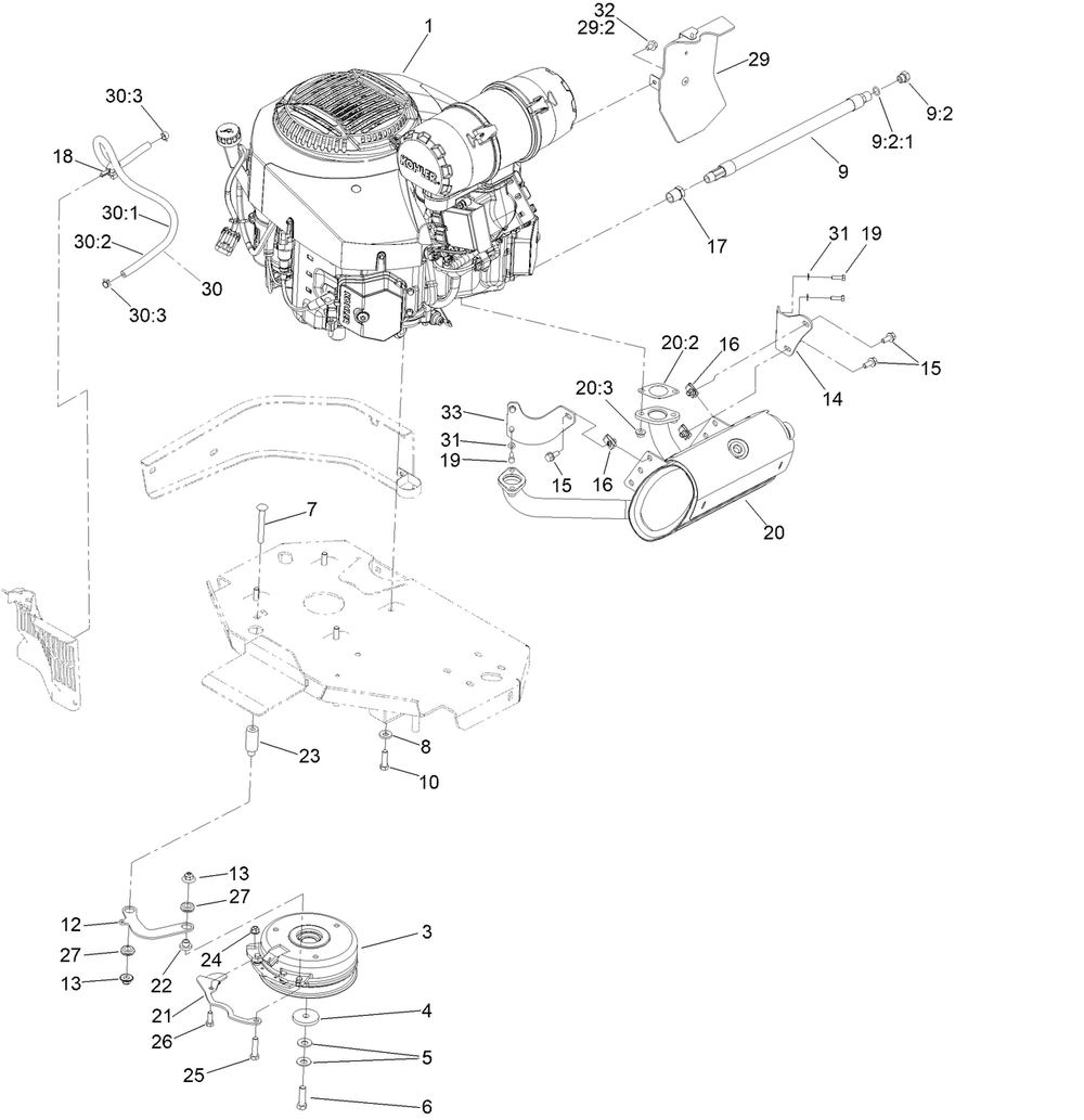 Engine, Clutch And Muffler Assembly Diagram and Parts List for 72947 413000000 - 414116642 Toro Lawn Tractor