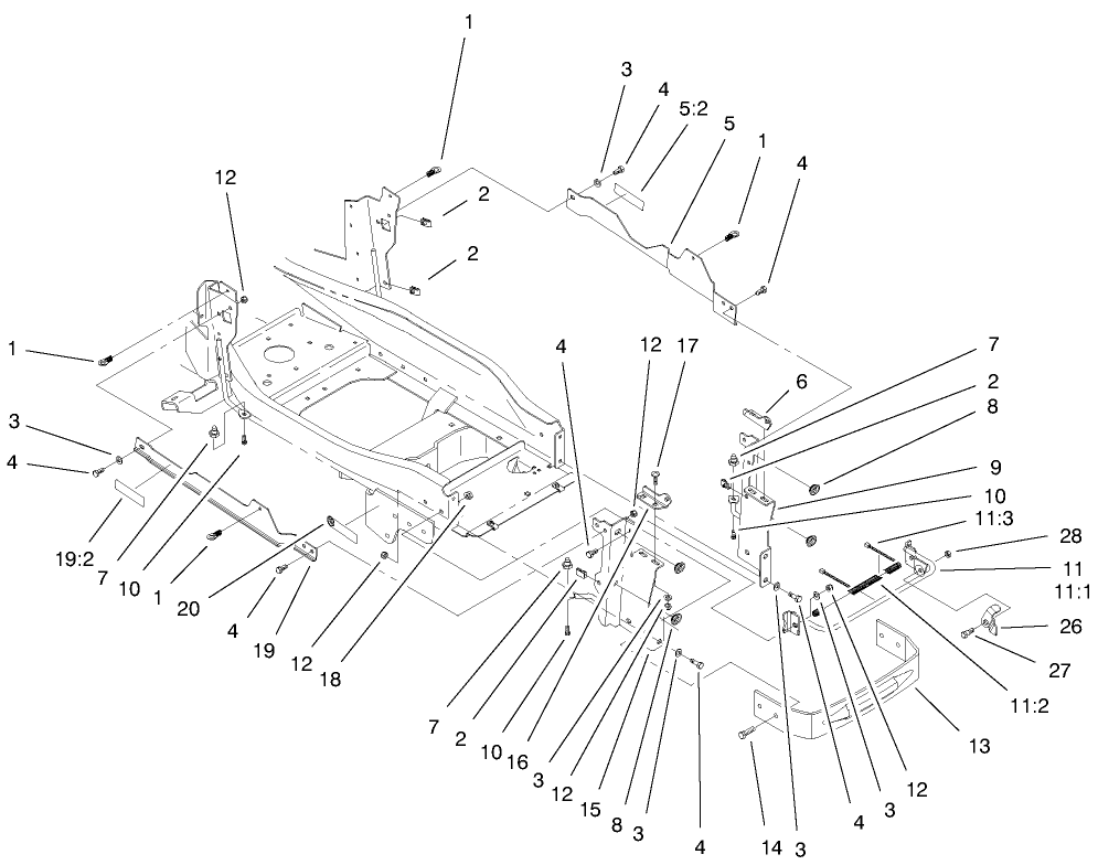 Bumper & Hood Support Assembly Diagram and Parts List for 73561 9900001 - 9999999 Toro Lawn Tractor