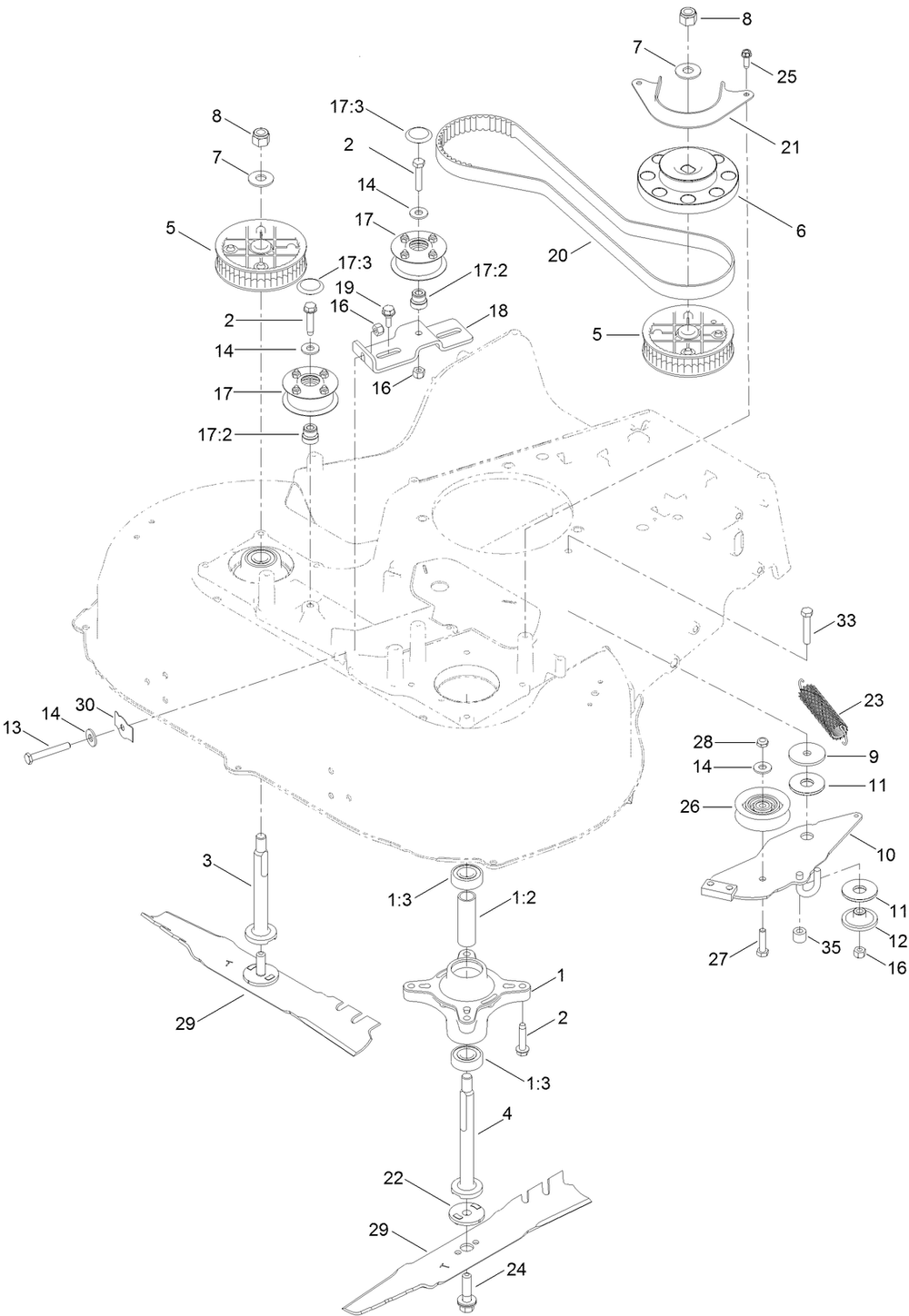 Spindle And Belt Assembly Diagram and Parts List for 21199 407700000 - 410243166 Toro Lawn Mower