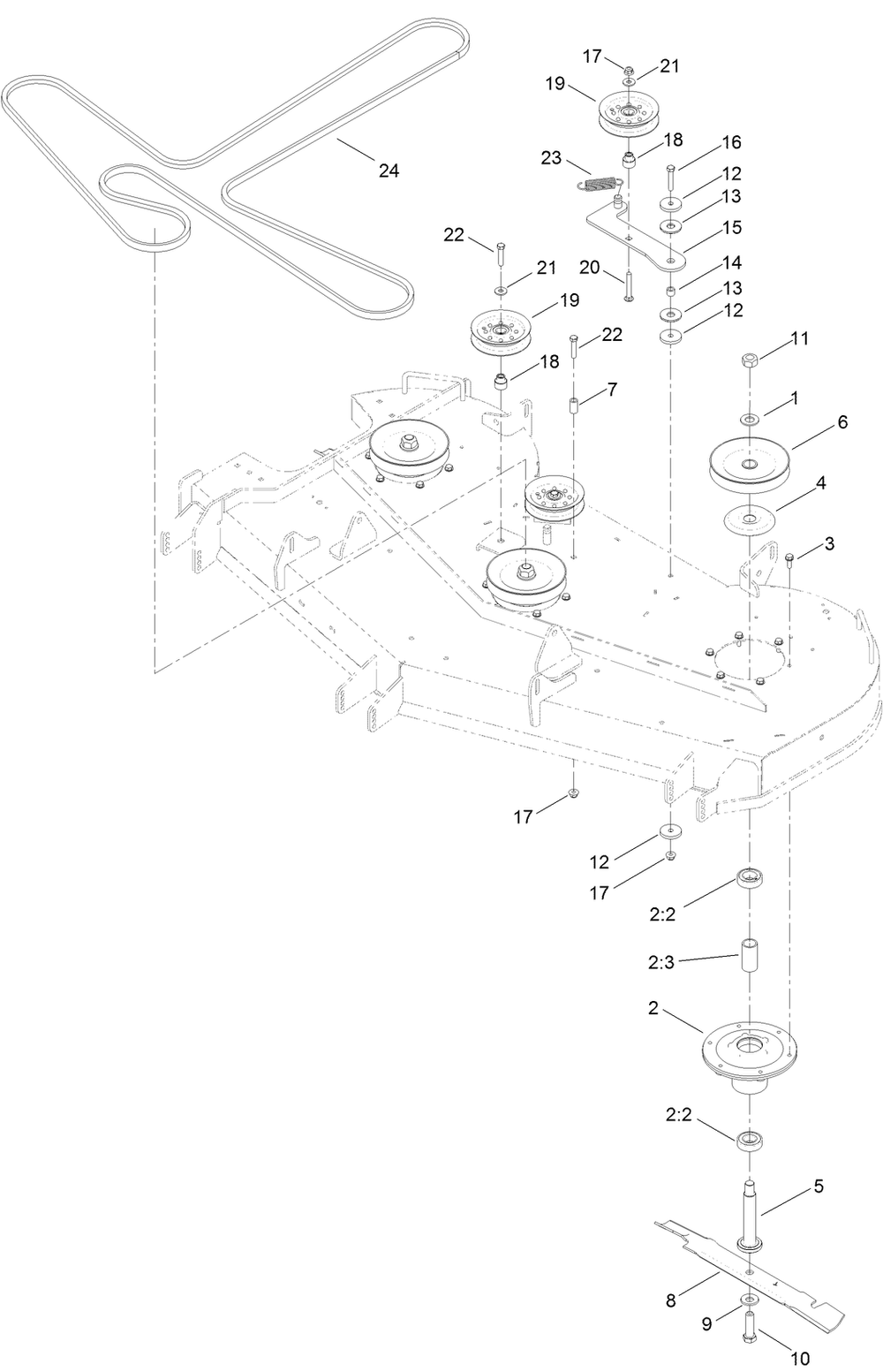 60 Inch Deck, Belt And Blade Assembly Diagram and Parts List for 74883 315000001 - 315999999 Toro Lawn Tractor