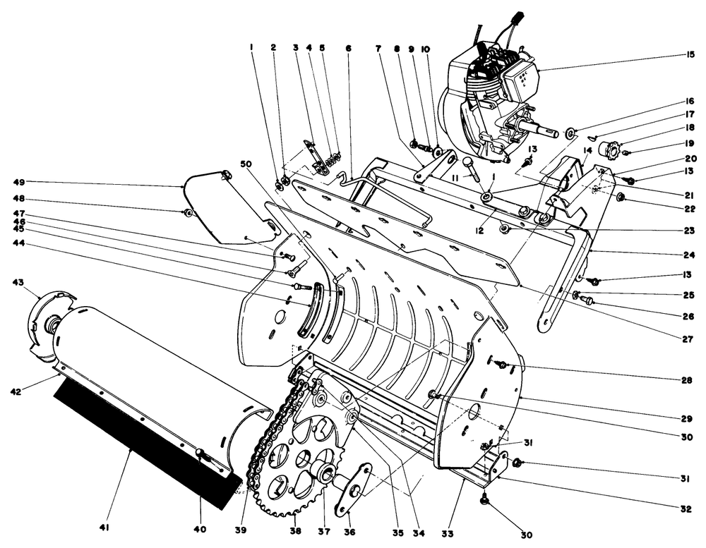 Lower Main Frame Diagram and Parts List for 38100 1000001 - 1999999 Toro Snow Blower
