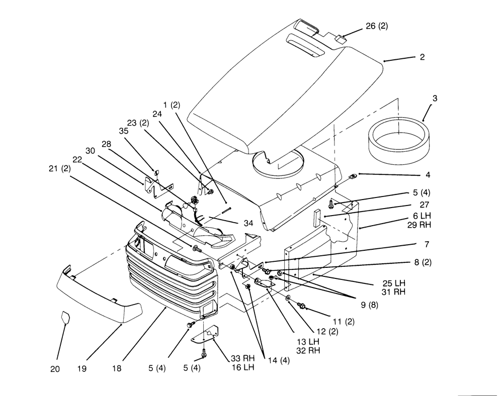 Hood And Grill Diagram and Parts List for 72042 5900001 - 5900796 Toro Lawn Tractor