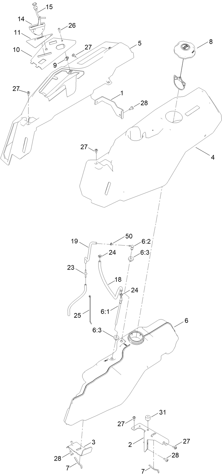 Body Styling And Fuel Pod Assembly Diagram and Parts List for 75755 412720000 - 414169999 Toro Lawn Tractor