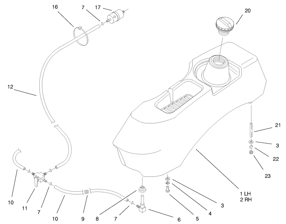 Fuel System Assembly Diagram and Parts List for 74173 (200000001-200999999)(2000) Toro Lawn Mower
