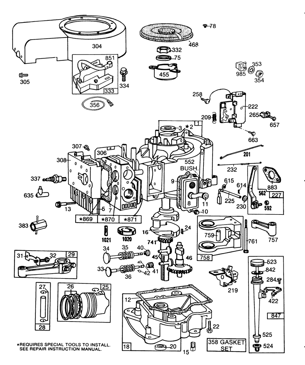 Engine Briggs & Stratton Model 253707-0157-01 Diagram and Parts List for 57358 7000001 - 7999999 Toro Lawn Mower