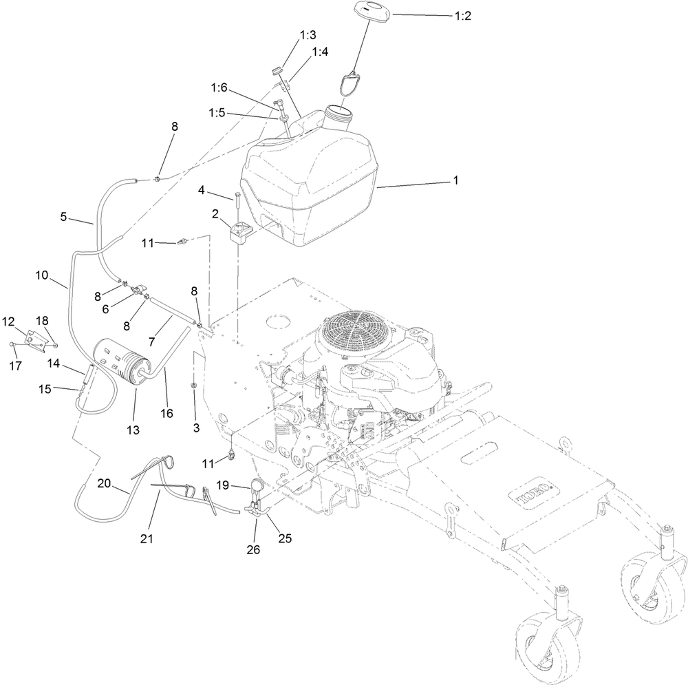 Fuel System Assembly Diagram and Parts List for 44409 407700000-409999999 Toro Lawn Mower