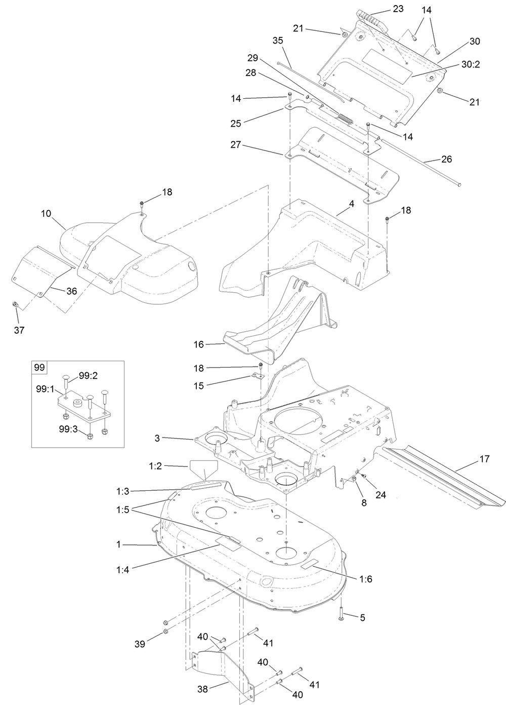 Deck, Frame And Chute Assembly Diagram and Parts List for 22205TE (316000001-316999999)(2016) Toro Lawn Mower