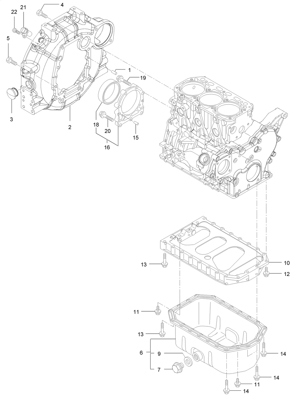 Flywheel Housing And Oil Sump Assembly Diagram and Parts List for 72144 413000000 - 999999999 Toro Lawn Tractor