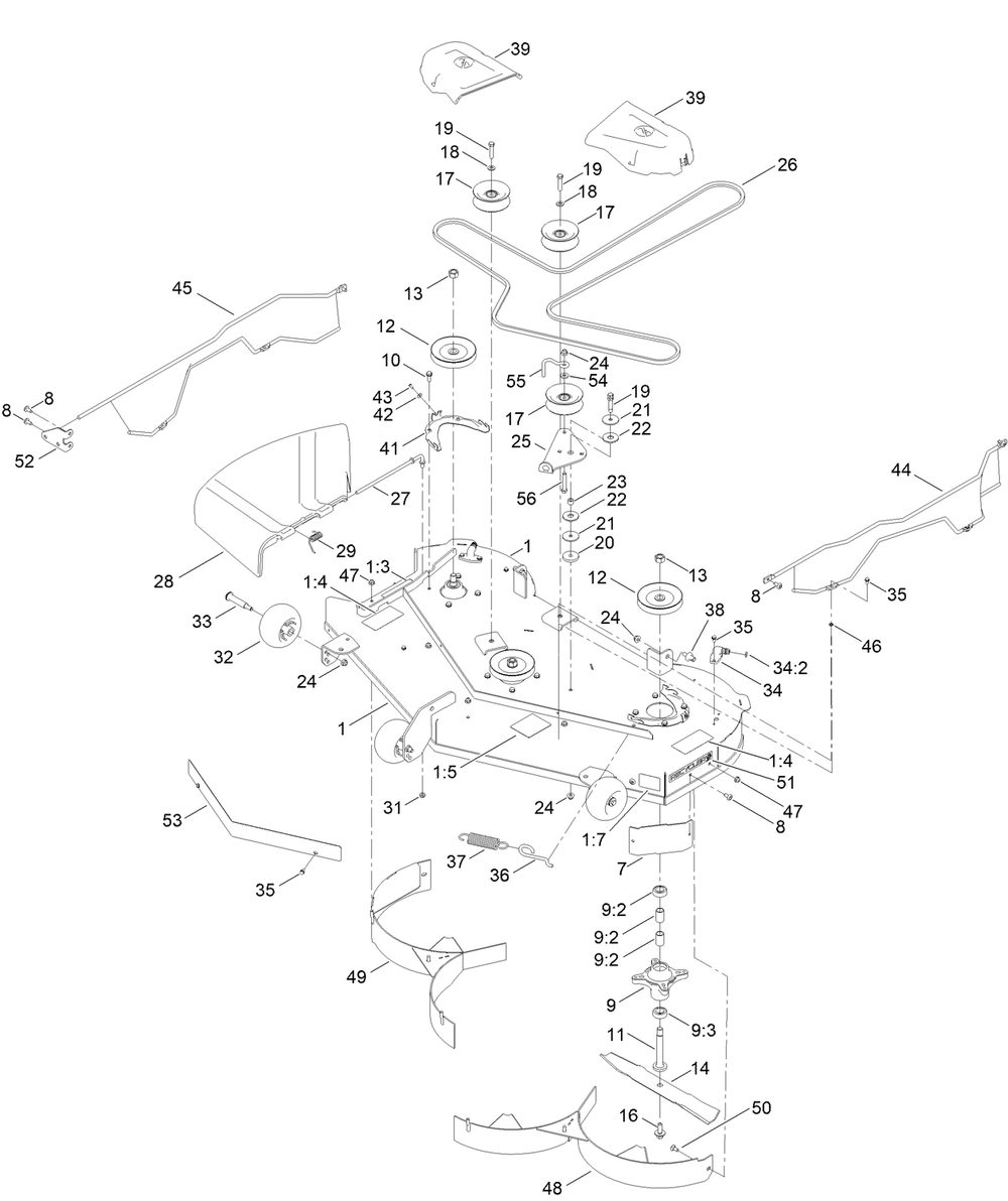 50 Inch Deck And Decal Assembly Diagram and Parts List for 74696 400000000 - 999999999 Toro Lawn Tractor