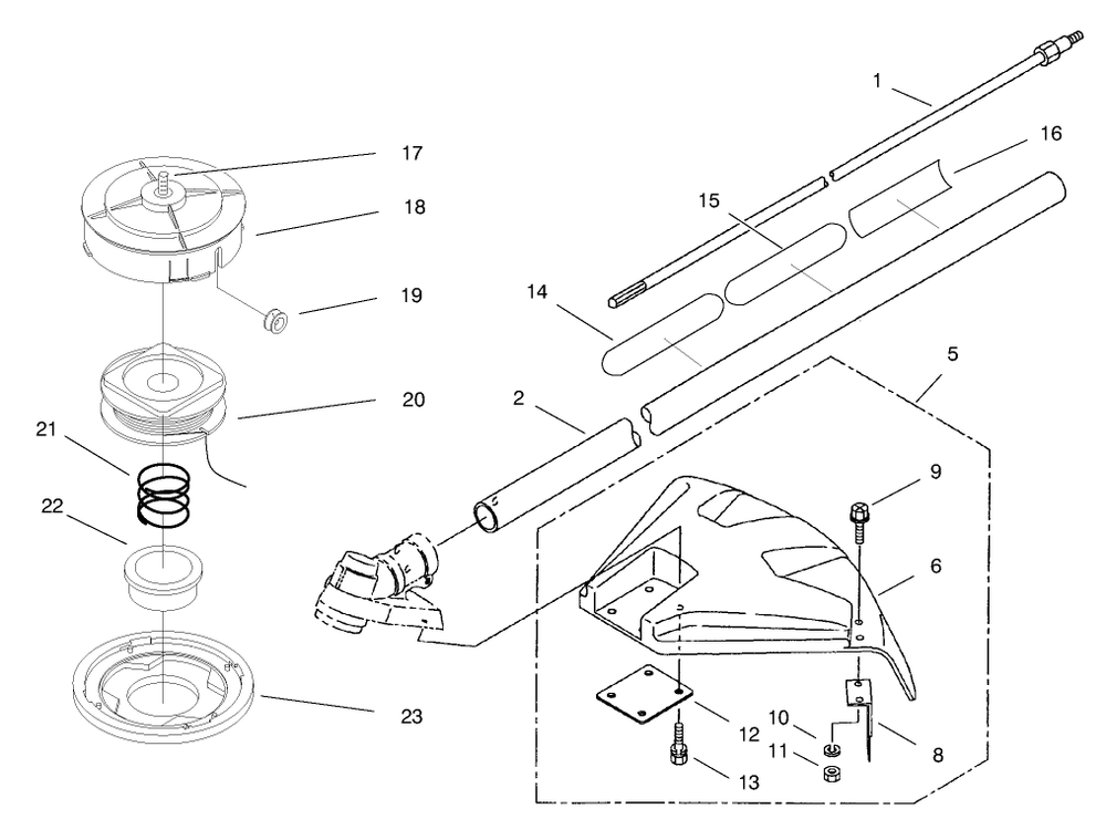 Head, Shaft And Shield Assembly Diagram and Parts List for 53002 790001 - 799999 Toro Trimmer