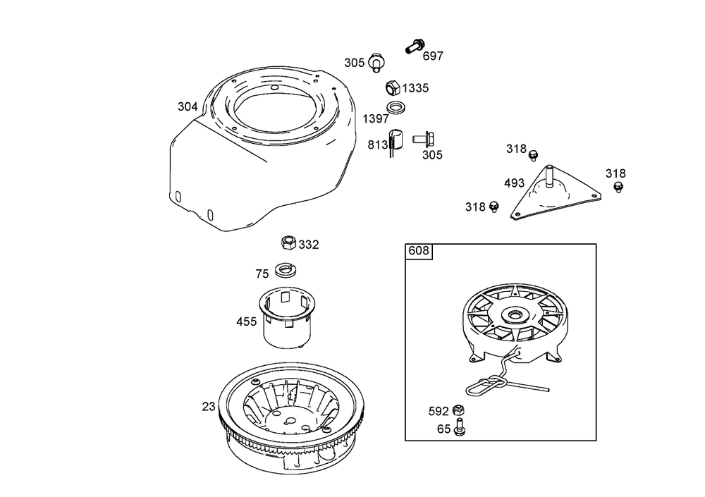 Flywheel, Blower Housing And Starter Assemblies  Briggs And Stratton 084232-0121-E1 Diagram and Parts List for 38432 9900001 - 9999999 Toro Snow Blower