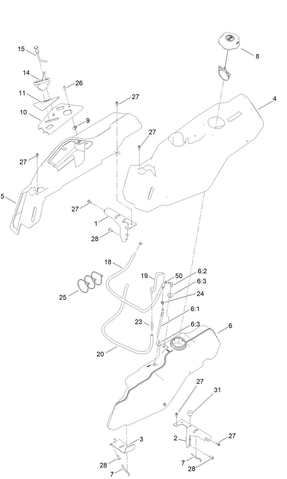 Fuel Pod Assembly Diagram and Parts List for 75734 414000000 - 414557041 Toro Lawn Tractor