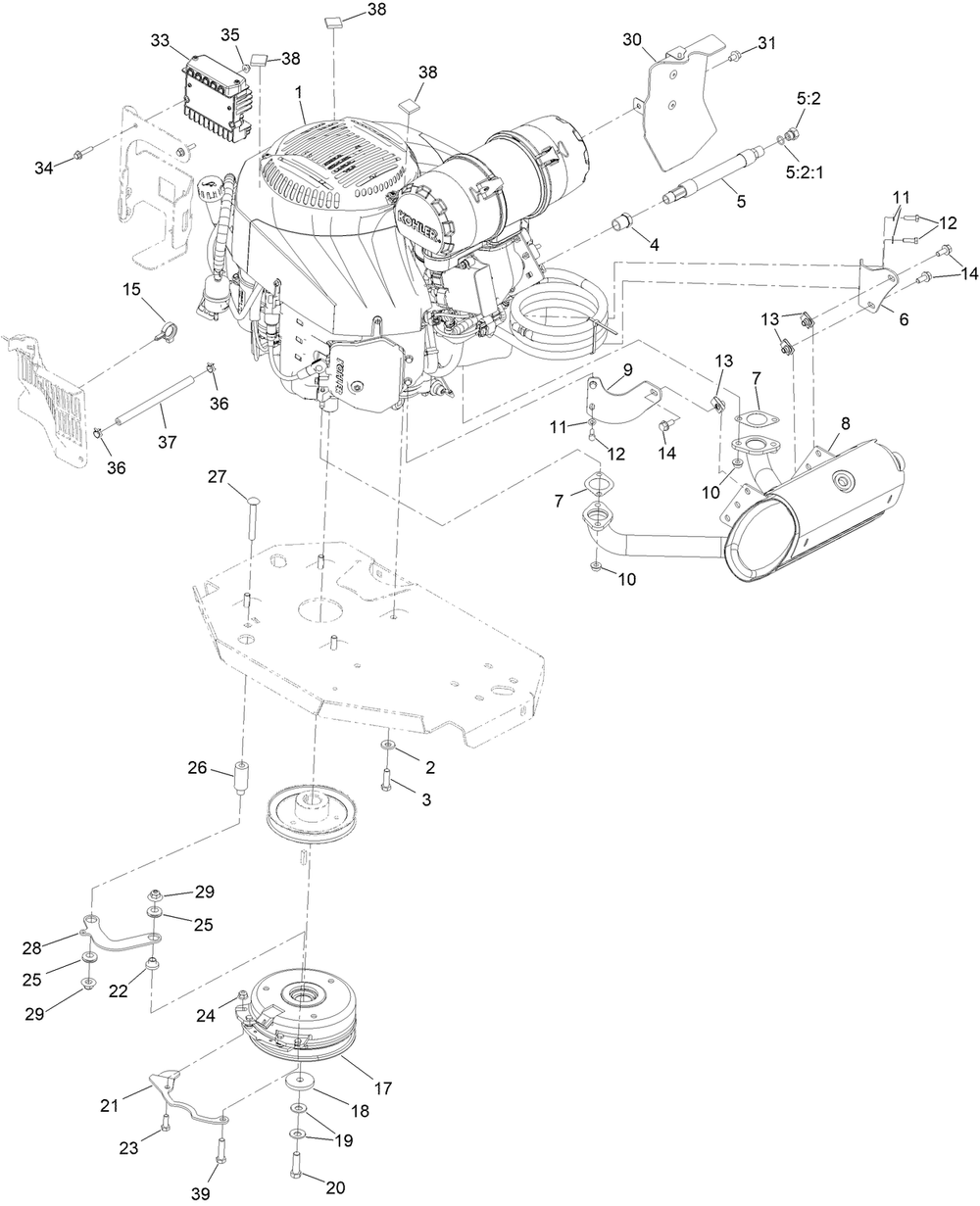 Engine, Clutch And Muffler Assembly Diagram and Parts List for 74090 410000000 - 412999999 Toro Lawn Tractor