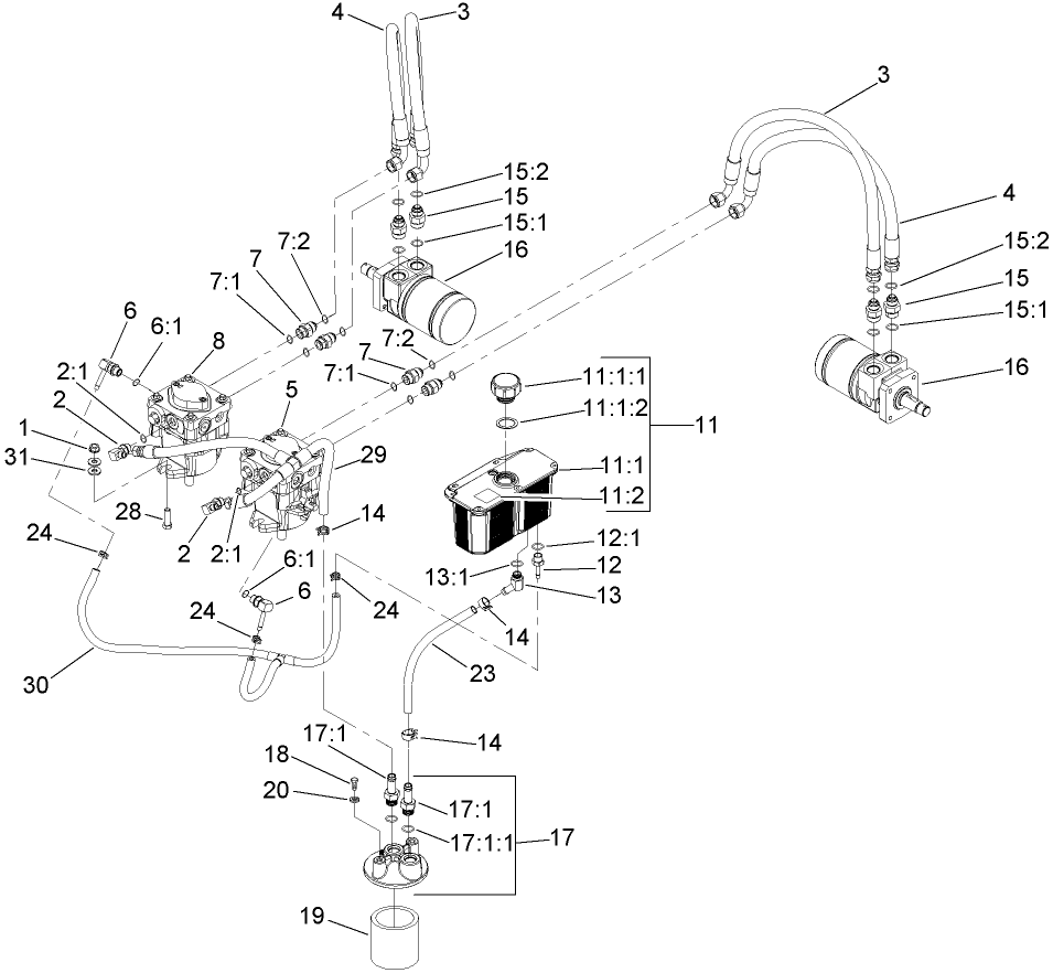 Hydraulic Assembly Diagram and Parts List for 39984 (280000001-280999999)(2008) Toro Lawn Mower