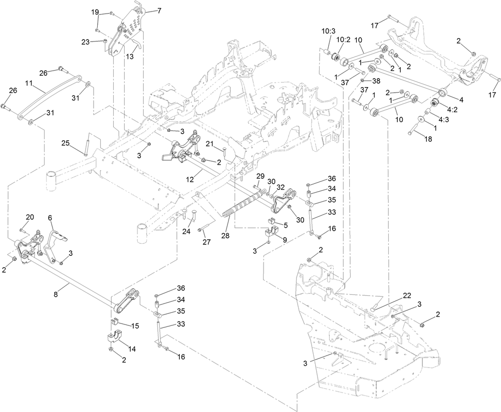 Deck Lift Assembly Diagram and Parts List for 72942TE 411000000 - 413999999 Toro Lawn Tractor