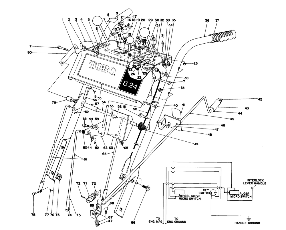 Handle Assembly Diagram and Parts List for 38085 0000001 - 0999999 Toro Snow Blower