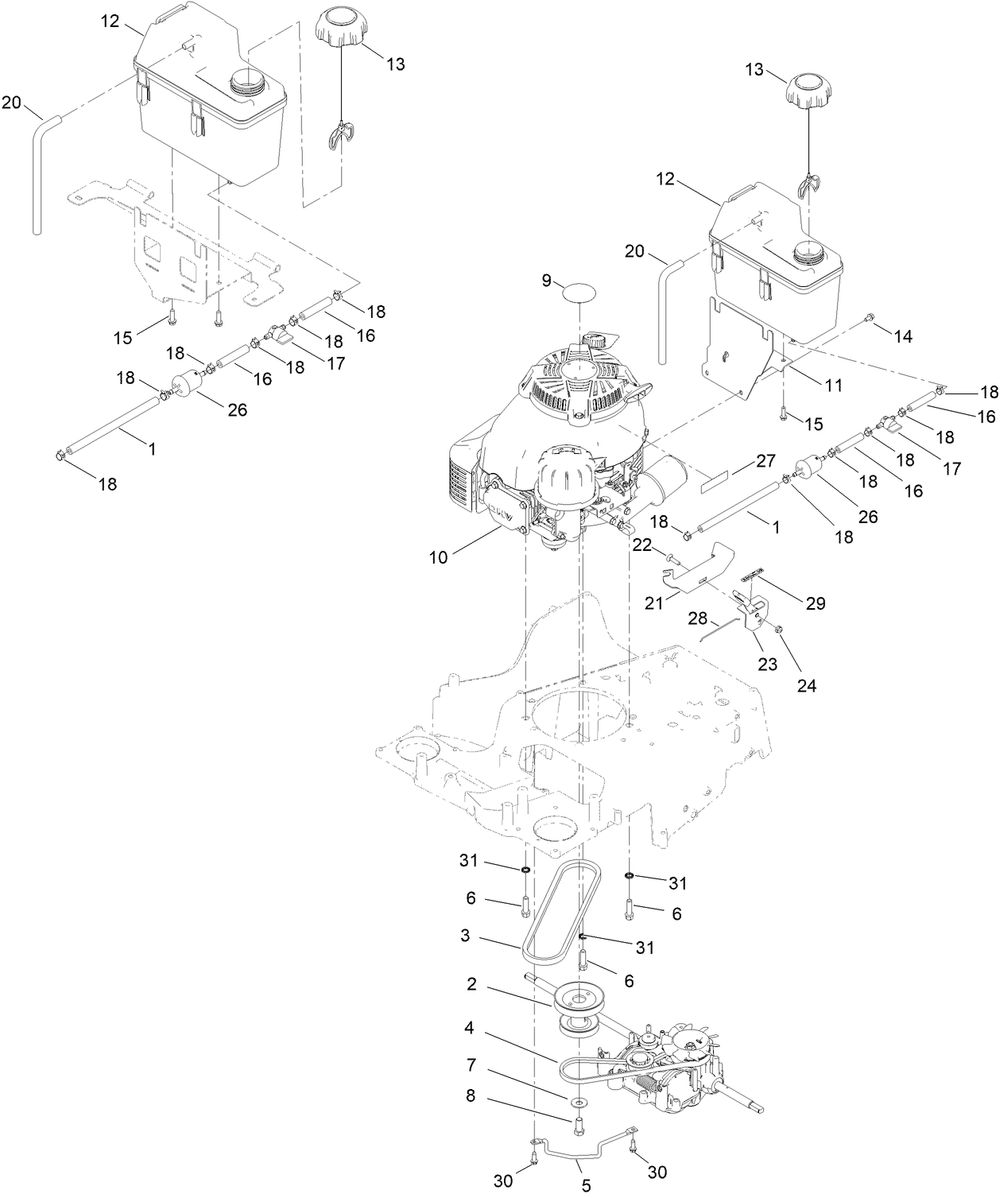 Engine And Fuel Tank Assembly Diagram and Parts List for 22215 413000000 - 999999999 Toro Lawn Mower