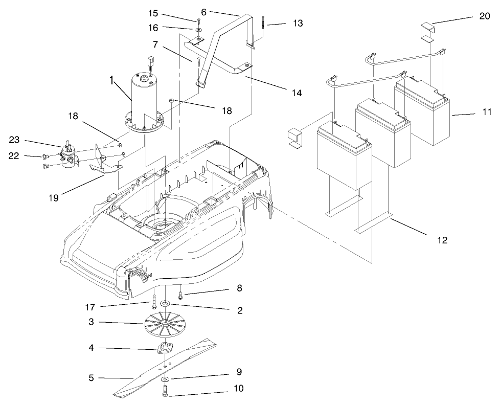 Motor, Batteries And Blade Assembly Diagram and Parts List for 20649 7900001 - 7999999 Toro Lawn Tractor Accessories