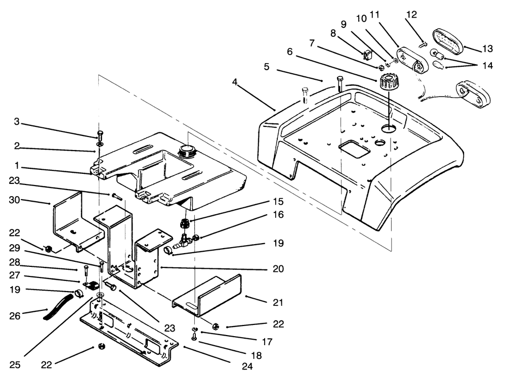 Fender, Fender Supports And Fuel Tank Diagram and Parts List for 73401 4900001 - 4999999 Toro Lawn Tractor