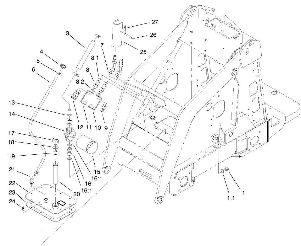 Hydraulic Tank Assembly Diagram and Parts List for 22305 990001 - 991007 Toro Lawn Tractor Accessories