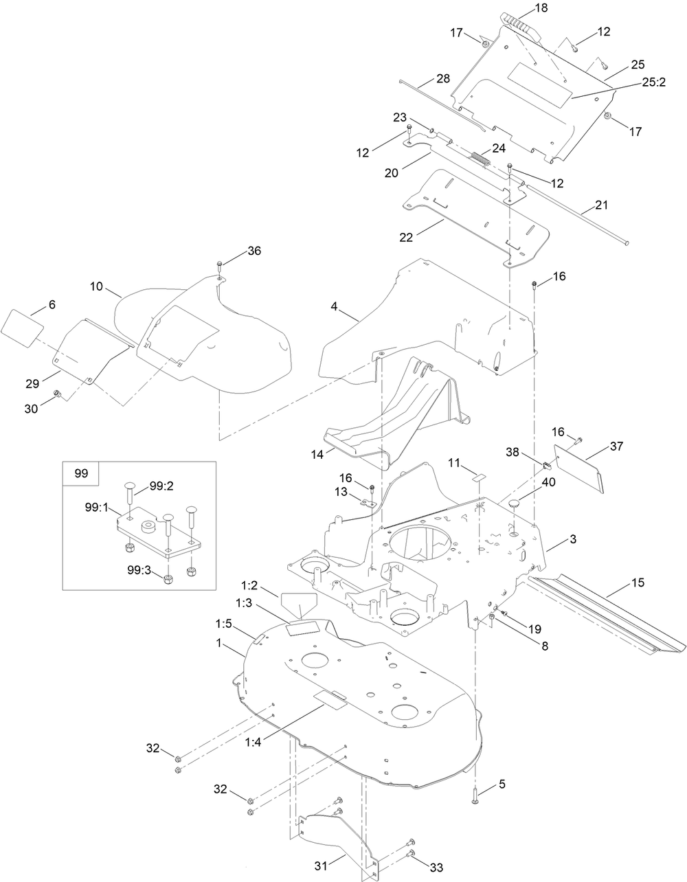 Deck Assembly Diagram and Parts List for 22215 410094837-411701163 Toro Lawn Mower