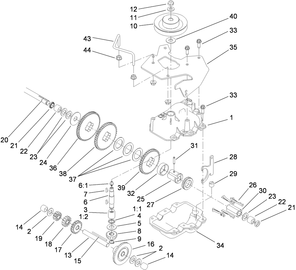 Gear Case Assembly Diagram and Parts List for 22200TE (290000001-290000500)(2009) Toro Lawn Mower