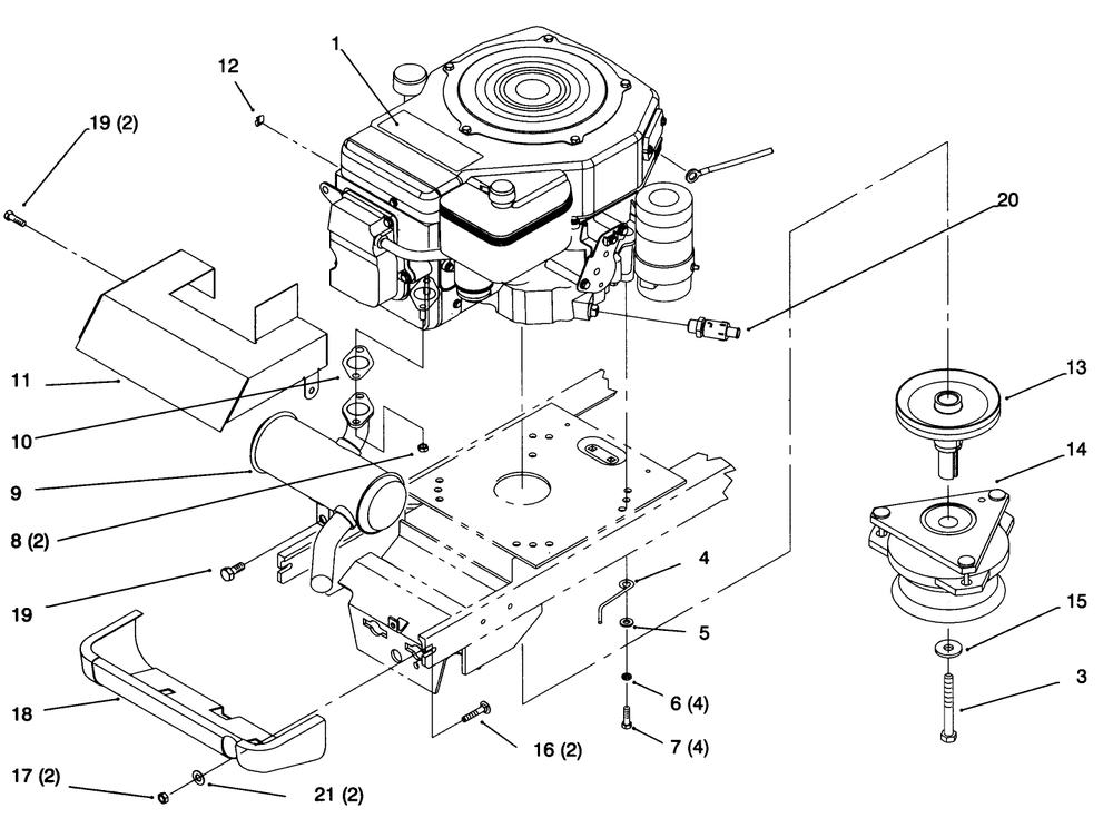 Single Cylinder Engine, Muffler, And P.T.O. Diagram and Parts List for 72043 6900001 - 6999999 Toro Lawn Tractor